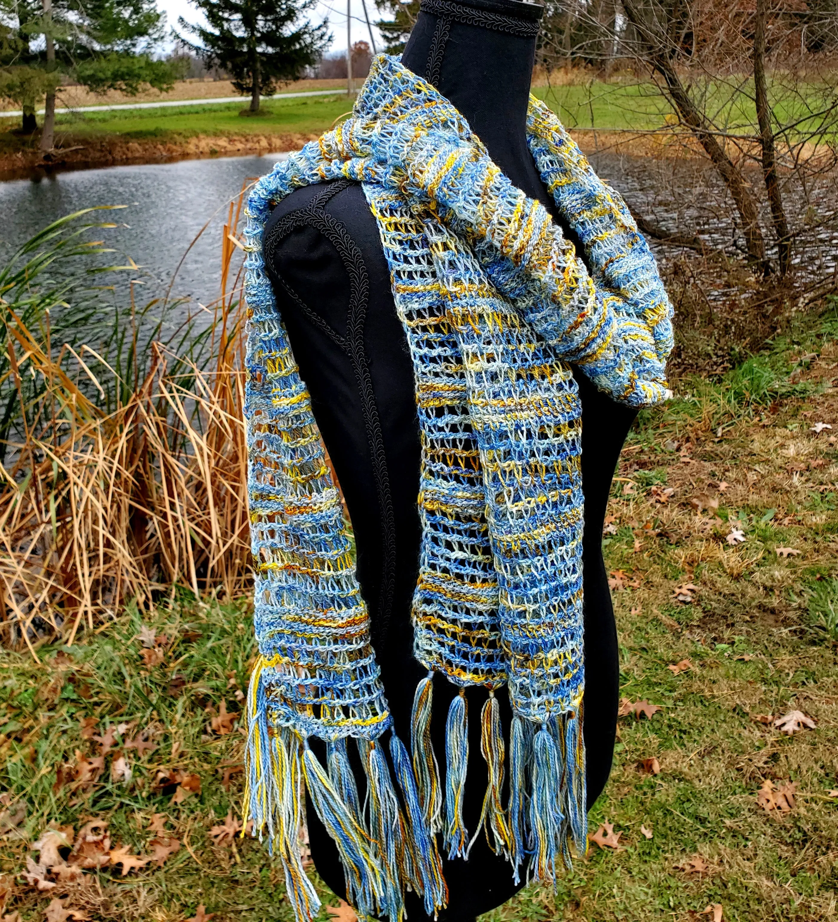 Blue and Yellow Lace Merino Wool Blend Scarf | Tunisian Crochet Extra Long Scarf | USA Made