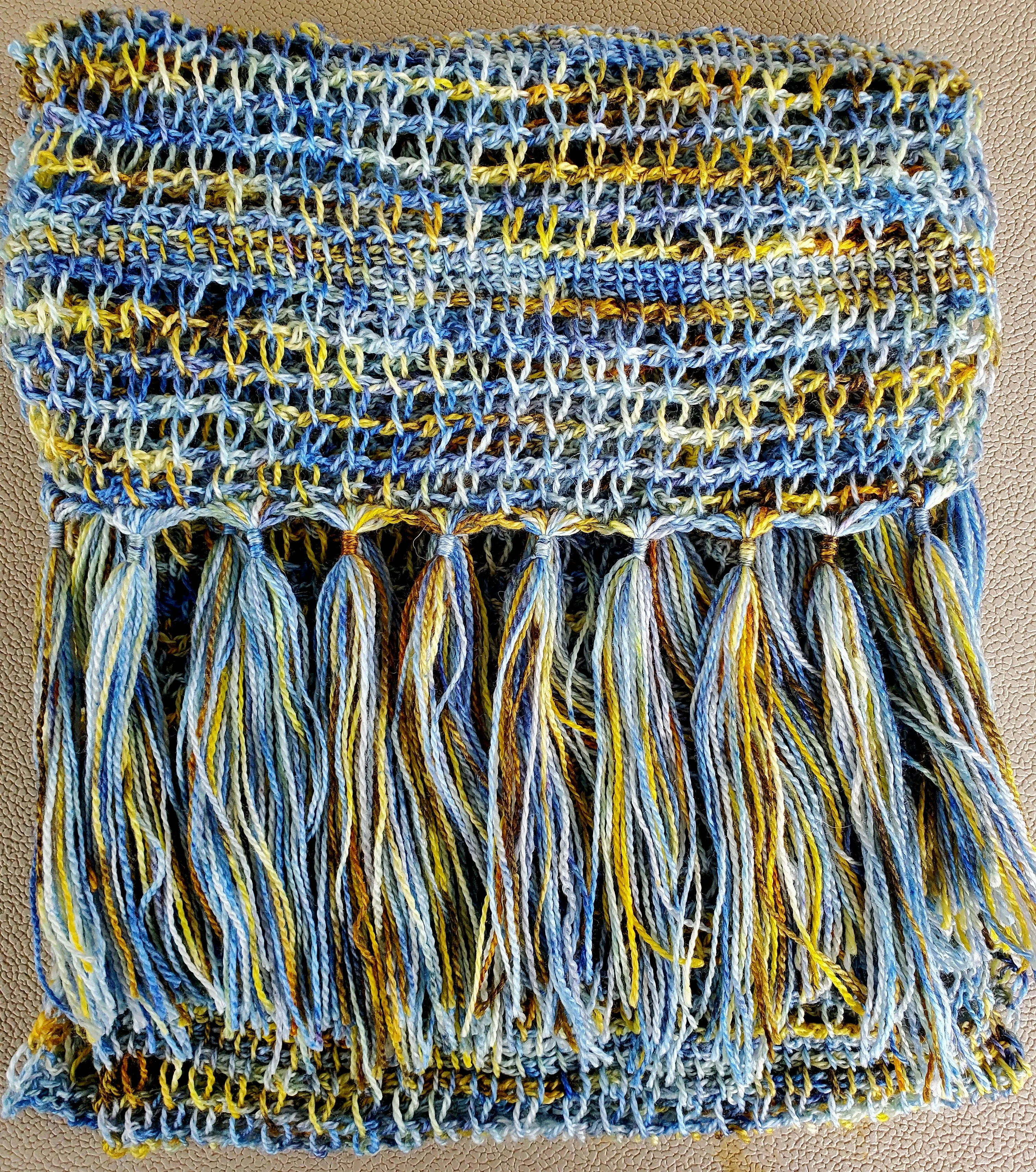 Blue and Yellow Lace Merino Wool Blend Scarf | Tunisian Crochet Extra Long Scarf | USA Made