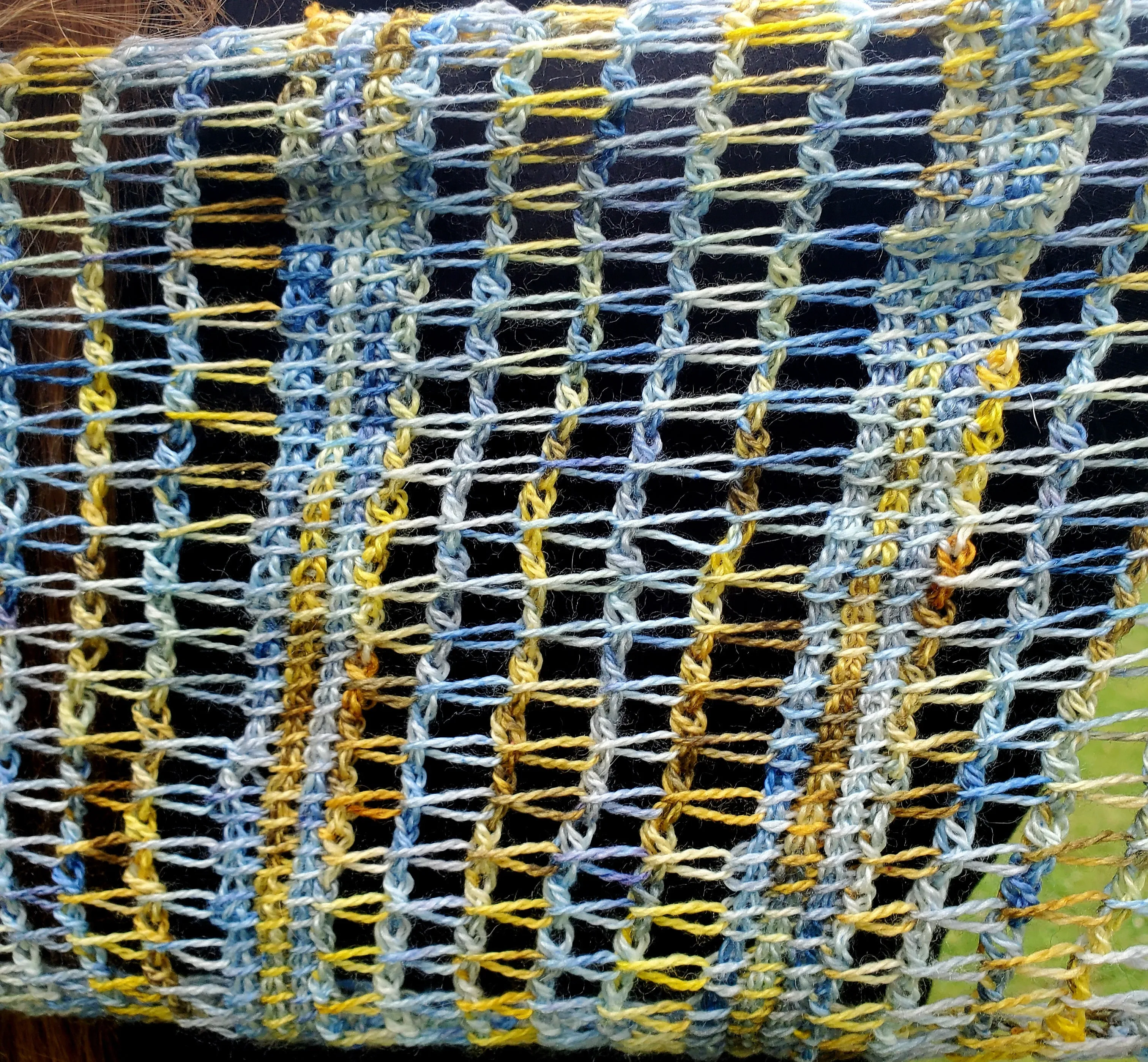 Blue and Yellow Lace Merino Wool Blend Scarf | Tunisian Crochet Extra Long Scarf | USA Made