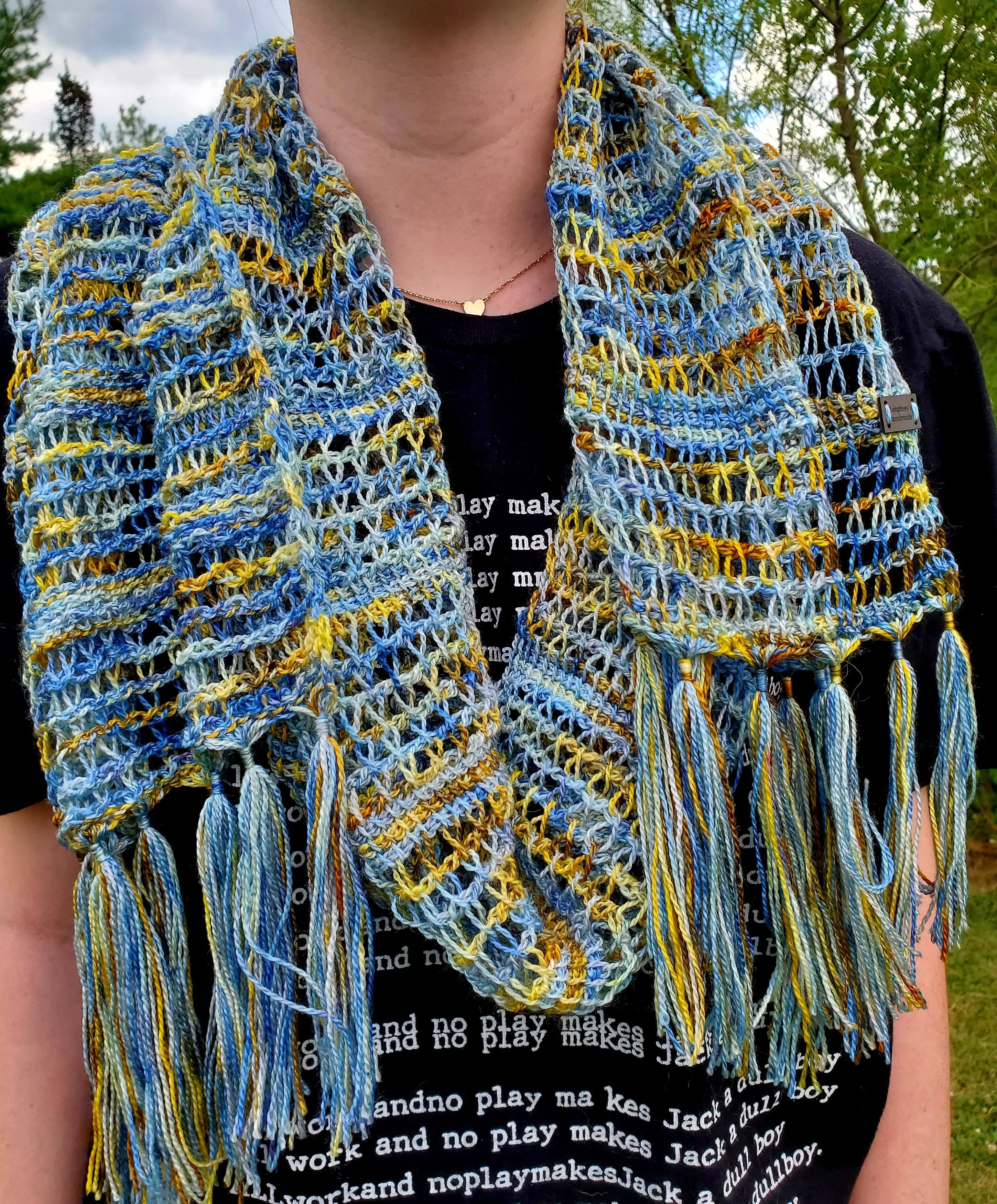 Blue and Yellow Lace Merino Wool Blend Scarf | Tunisian Crochet Extra Long Scarf | USA Made