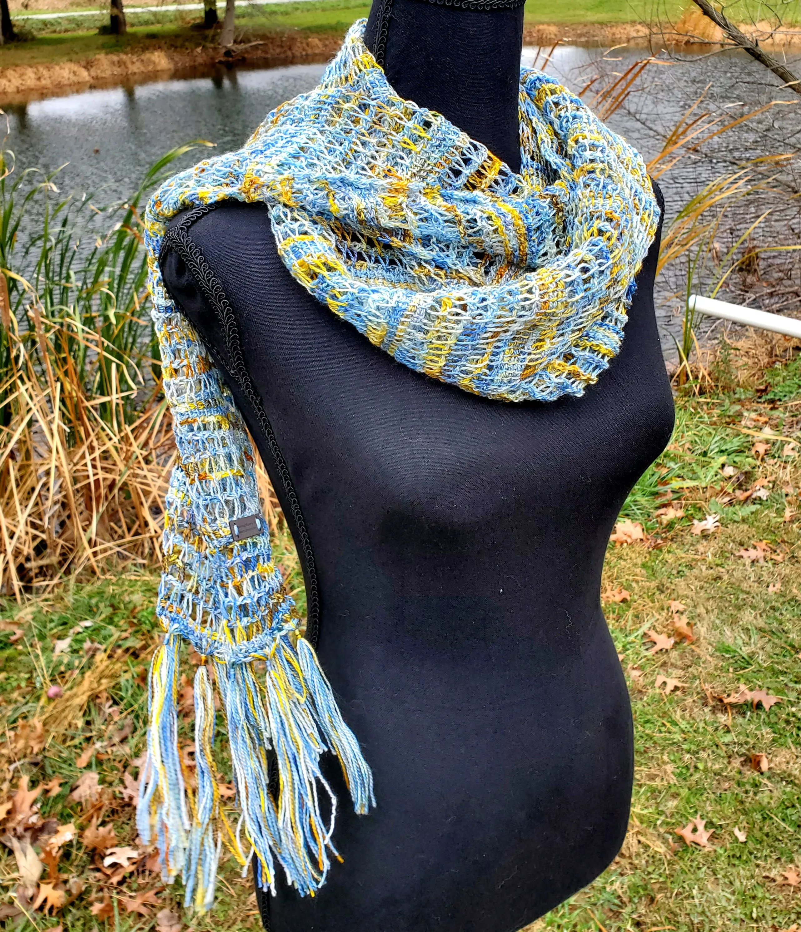 Blue and Yellow Lace Merino Wool Blend Scarf | Tunisian Crochet Extra Long Scarf | USA Made