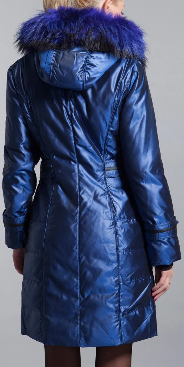 Blue Fur-Hooded Quilted Down Coat