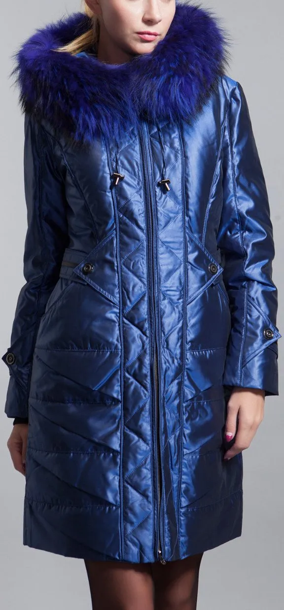 Blue Fur-Hooded Quilted Down Coat