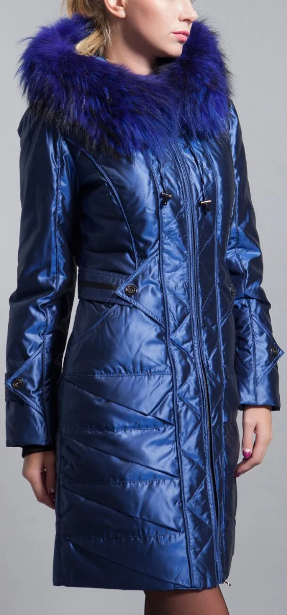 Blue Fur-Hooded Quilted Down Coat