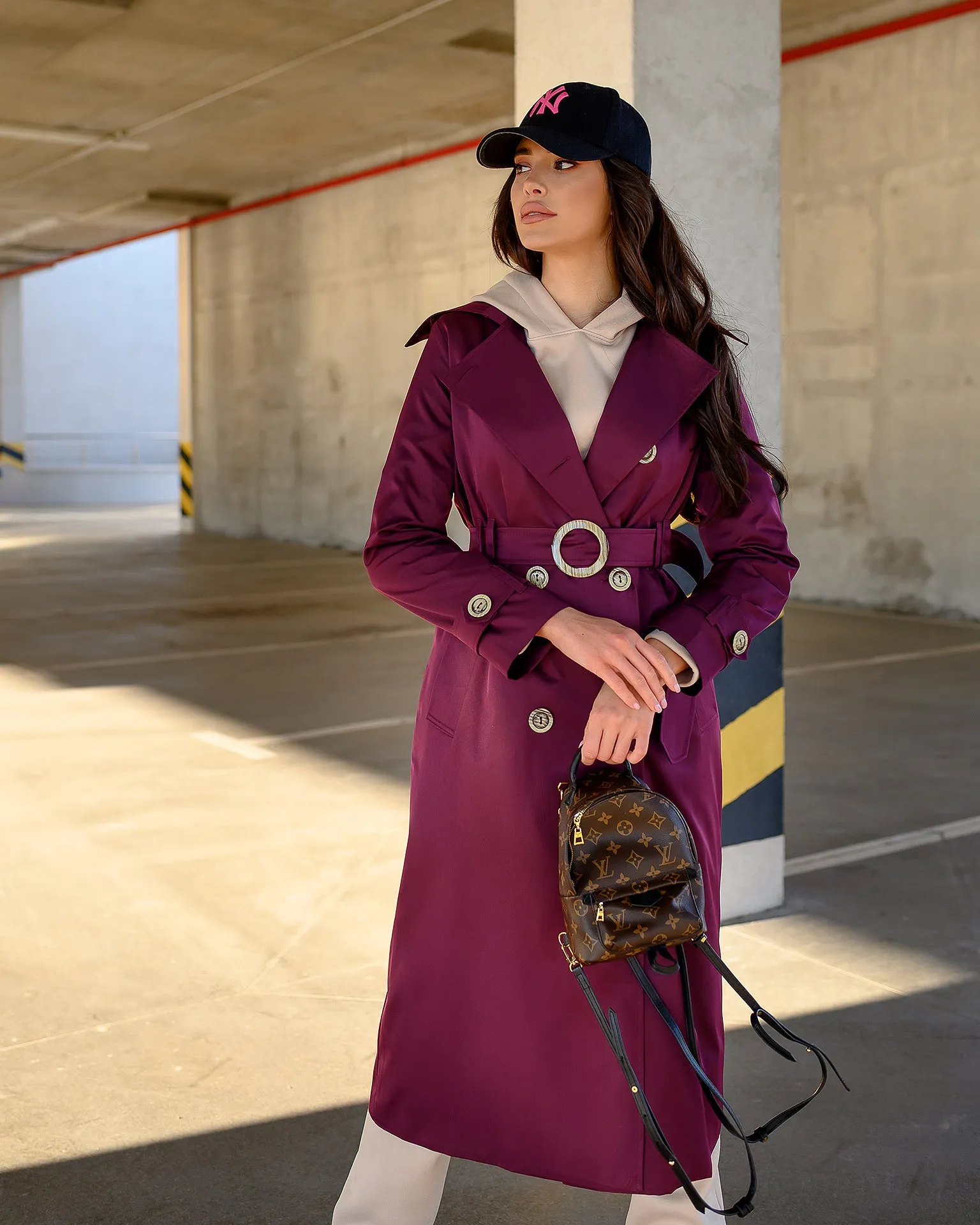 Bordeaux Double-Breasted Belted Trench Coat