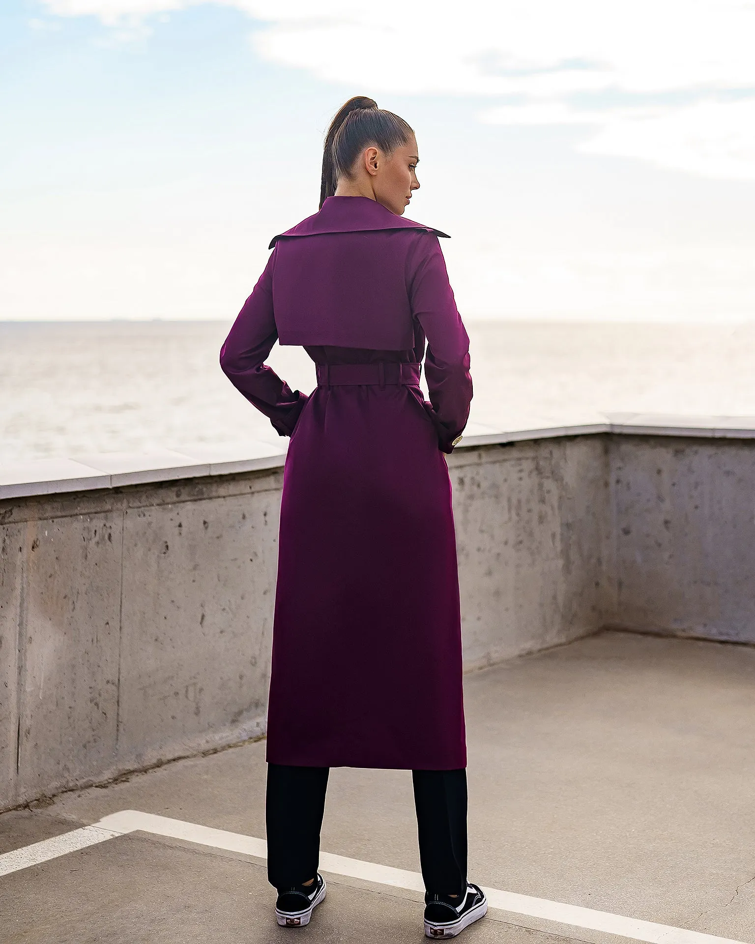 Bordeaux Double-Breasted Belted Trench Coat