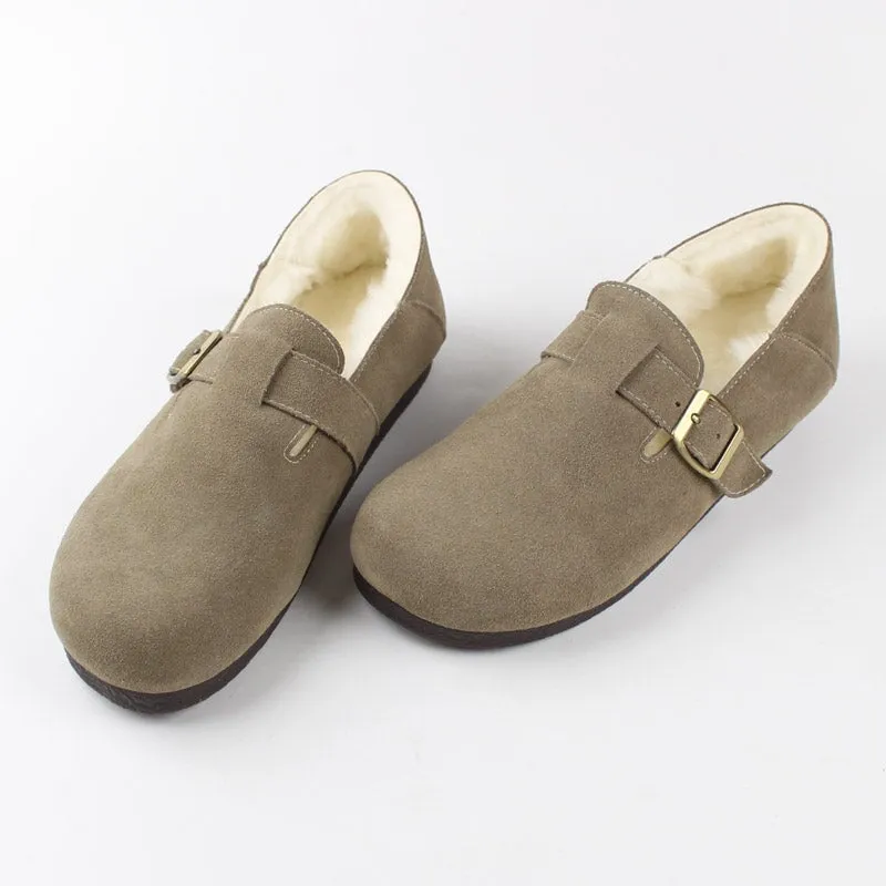 Buckle-fastening Soft Shoes Retro Suede Leather Fleece Lined Loafers for Women