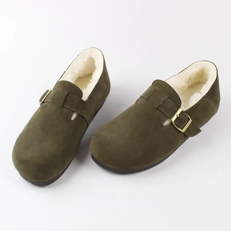 Buckle-fastening Soft Shoes Retro Suede Leather Fleece Lined Loafers for Women