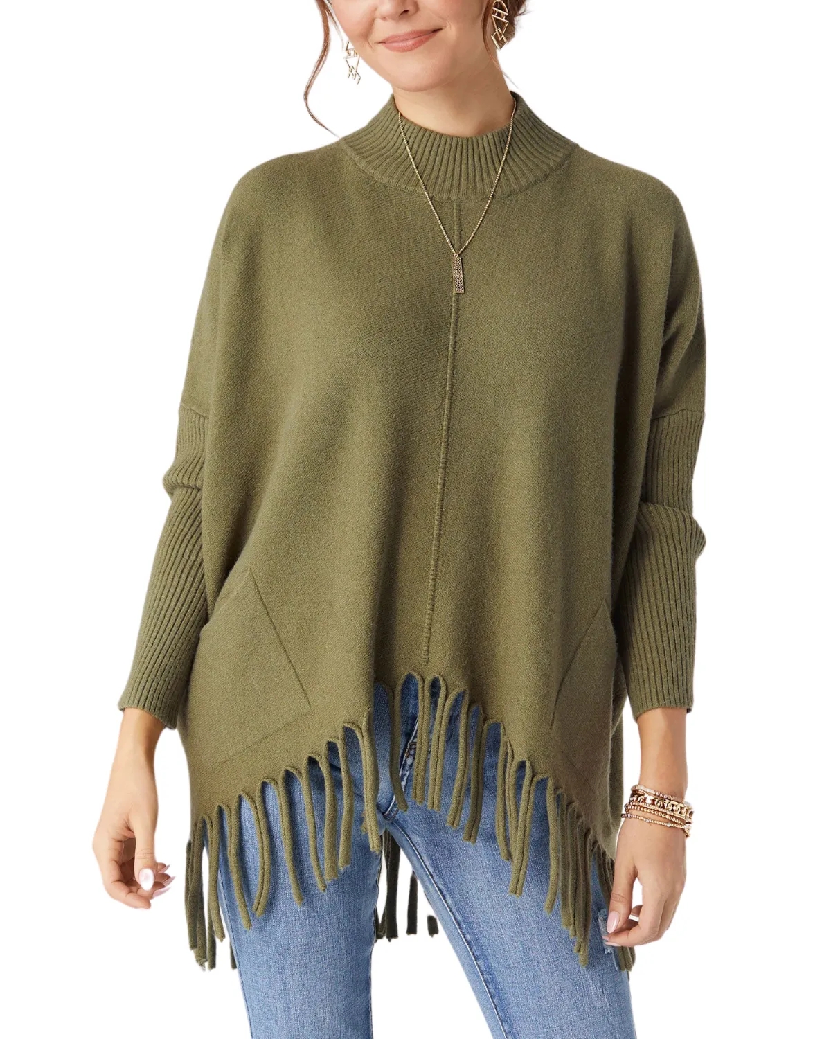 Coco and Carmen Heavenly Luxe Flowy Mock Neck Fringe Sweater - 2439059