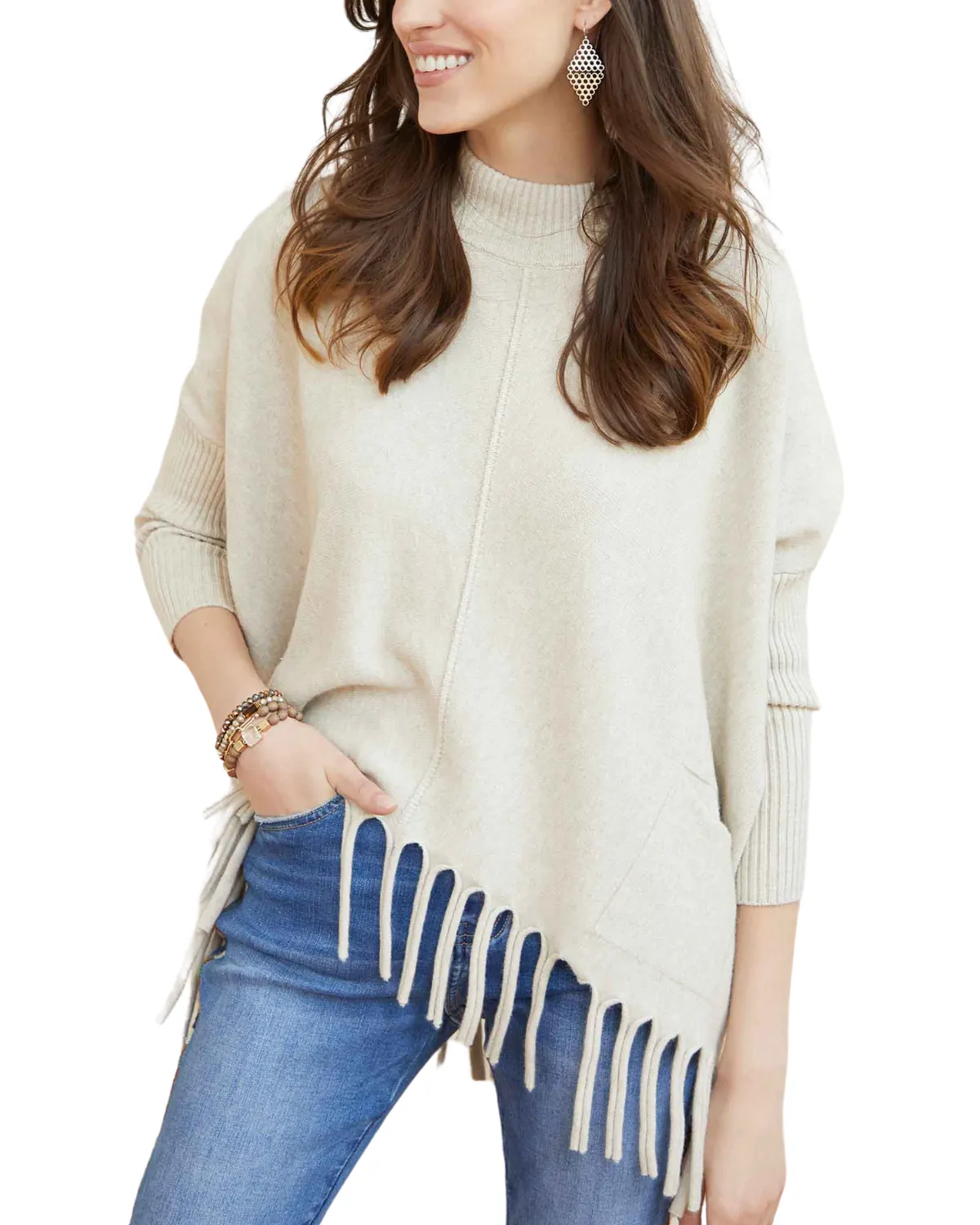 Coco and Carmen Heavenly Luxe Flowy Mock Neck Fringe Sweater - 2439059