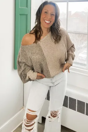 *COLOR BLOCK LIGHT KNIT SWEATER TAUPE/GREY COMBO