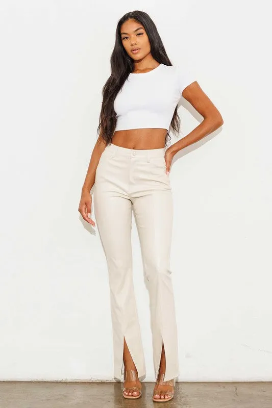 Cream Vegan Leather Front Slit Bootcut Pants