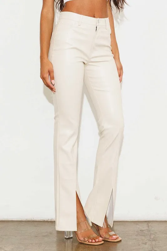 Cream Vegan Leather Front Slit Bootcut Pants