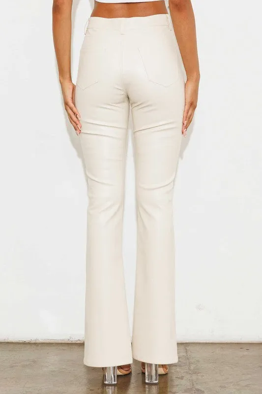 Cream Vegan Leather Front Slit Bootcut Pants