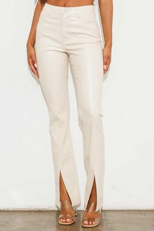 Cream Vegan Leather Front Slit Bootcut Pants