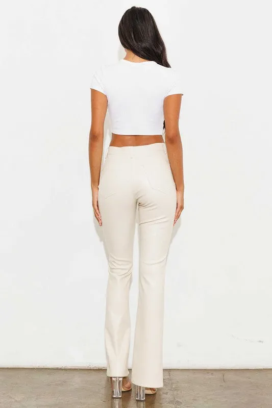 Cream Vegan Leather Front Slit Bootcut Pants