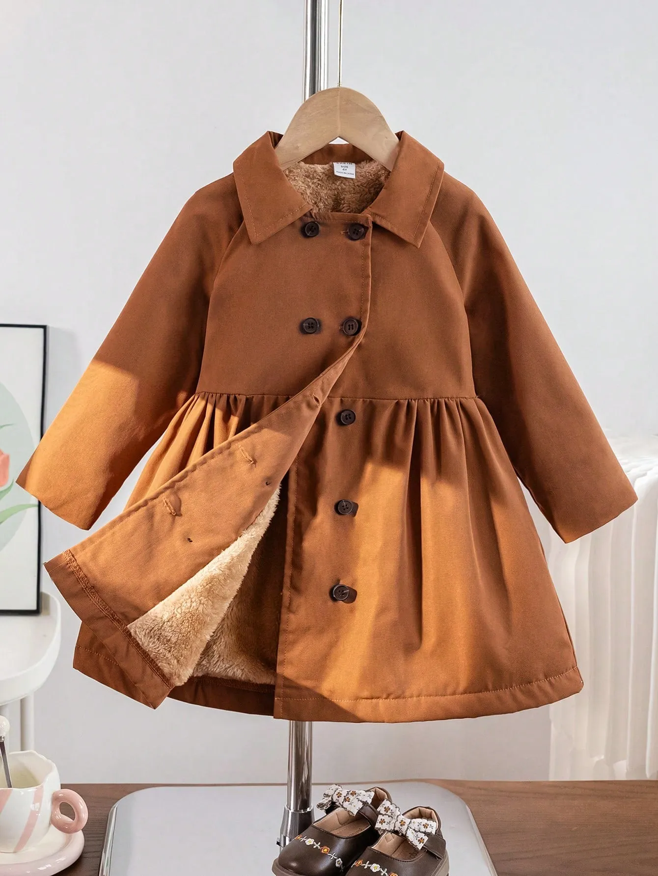 Double breasted coat women|Young Girl Raglan Sleeve Double Breasted Teddy Lined Coat