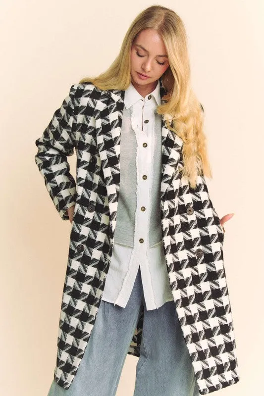 Double Breasted Houndstooth Tweed Coat