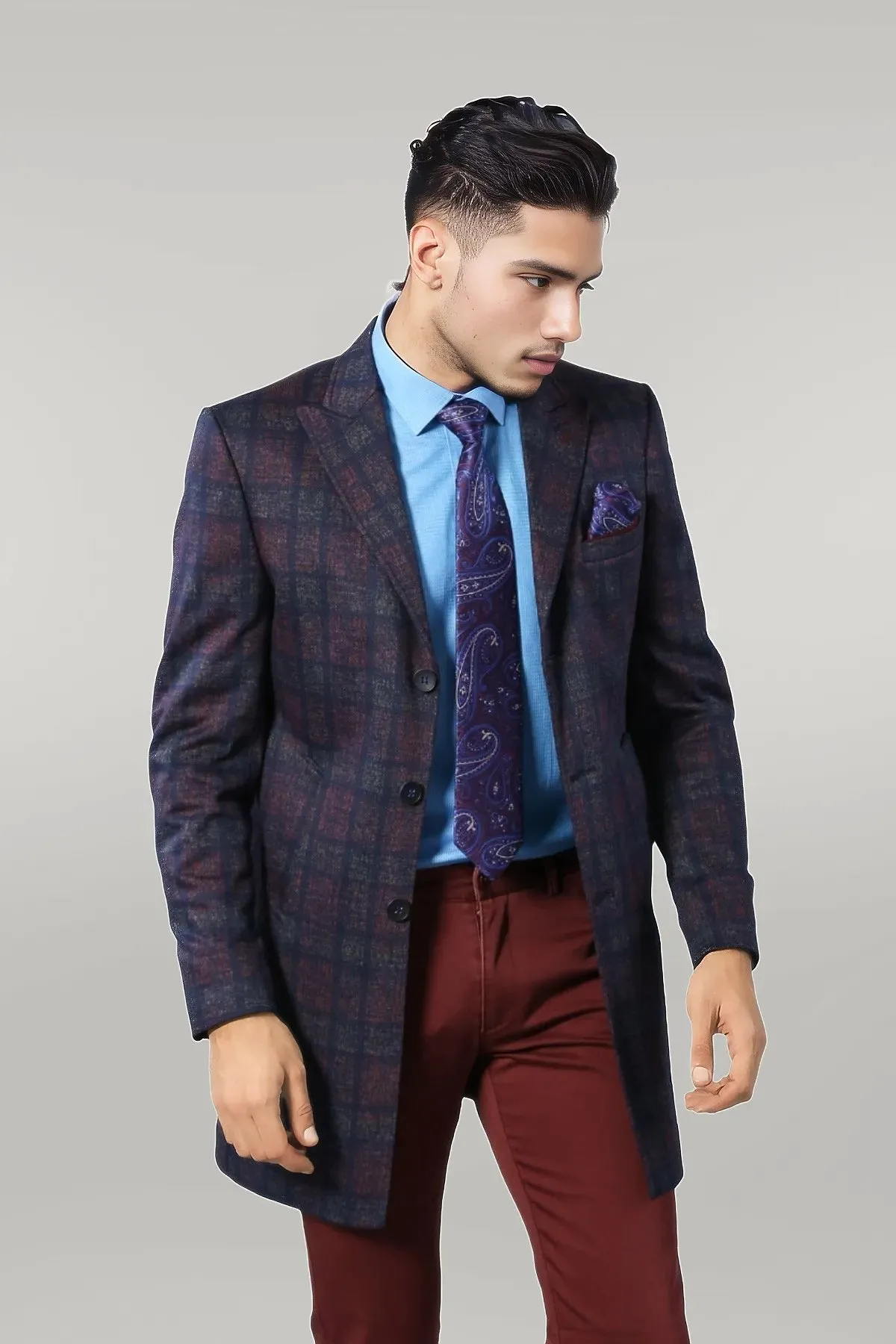 Double-Breasted Plaid Burgundy Men Coat - Wessi