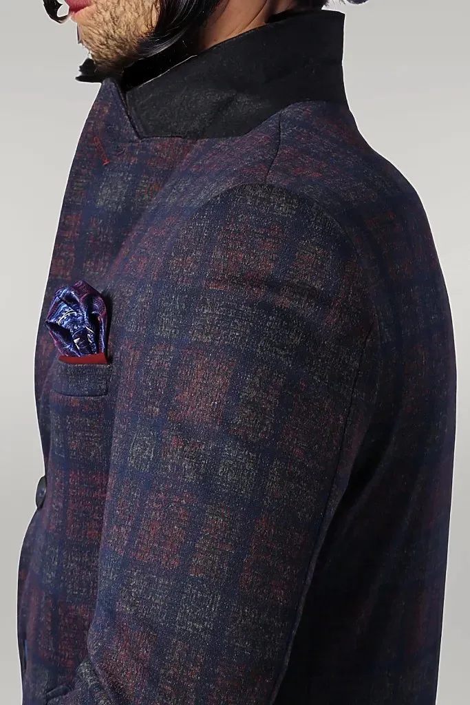 Double-Breasted Plaid Burgundy Men Coat - Wessi