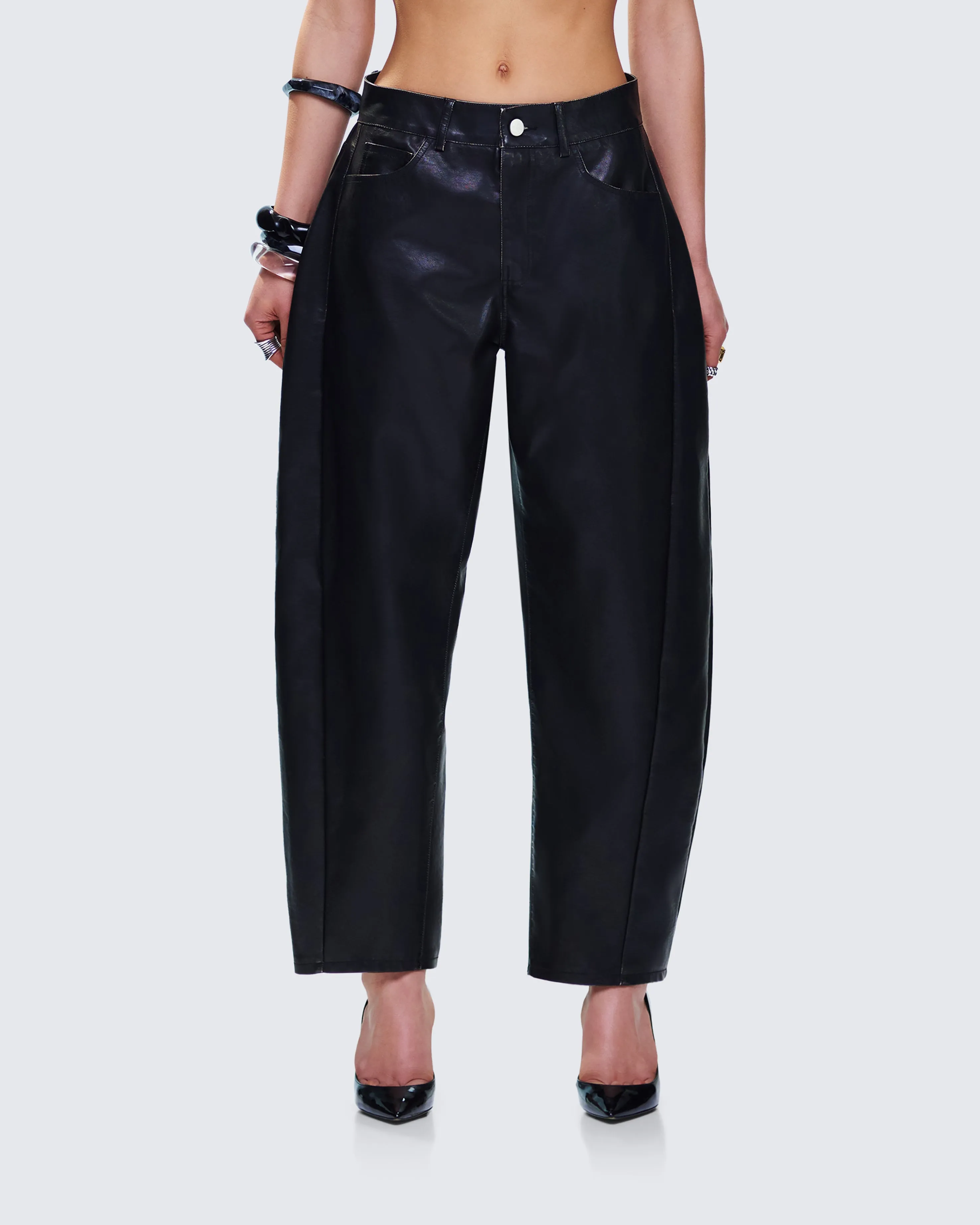 Flavia Black Vegan Leather Barrel Pant