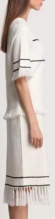 Fringed Knit Cashmere & Wool Blend Top & Skirt Set - White or Black