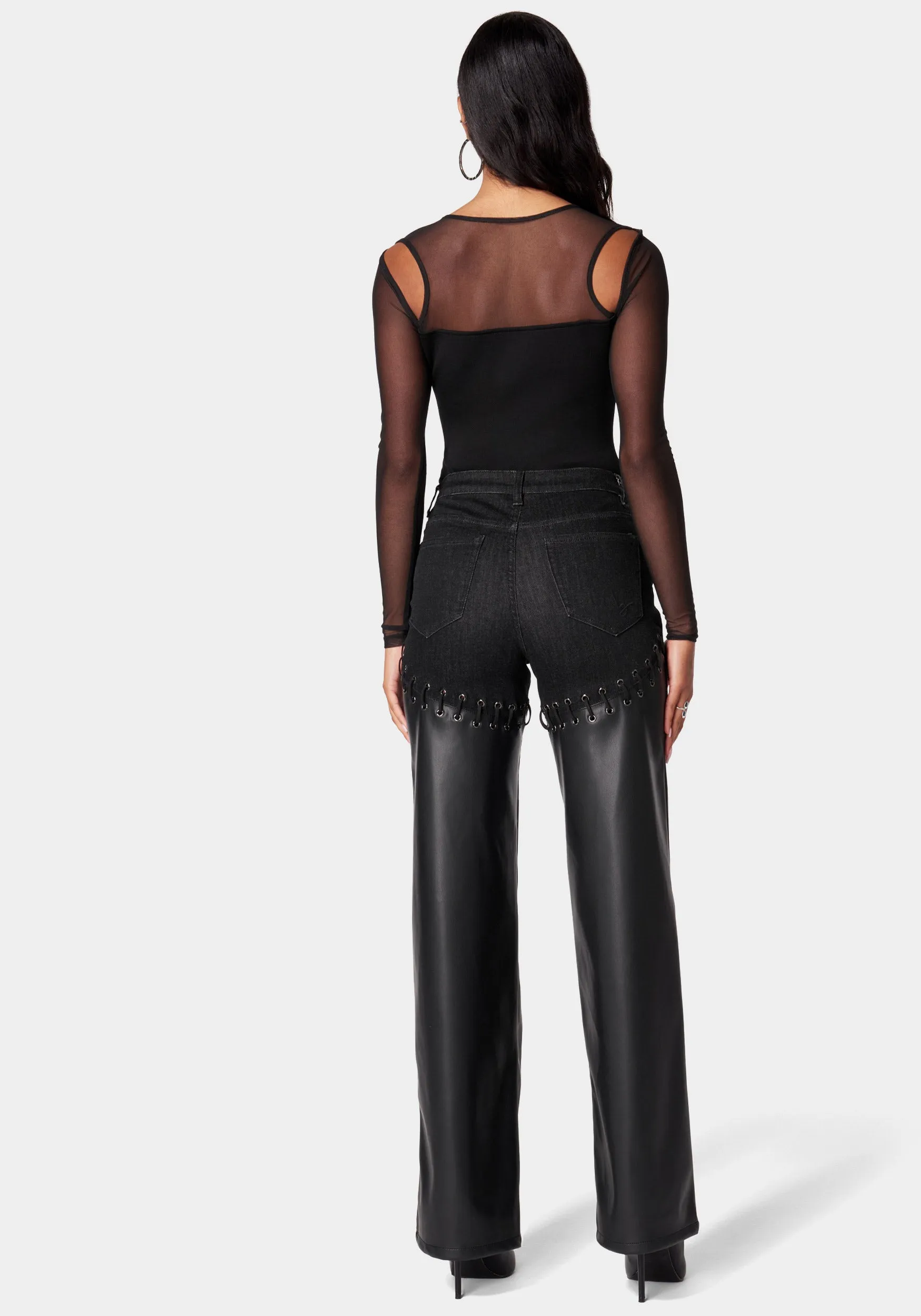 High Waist Denim Combo Vegan Leather Wide Leg Pant