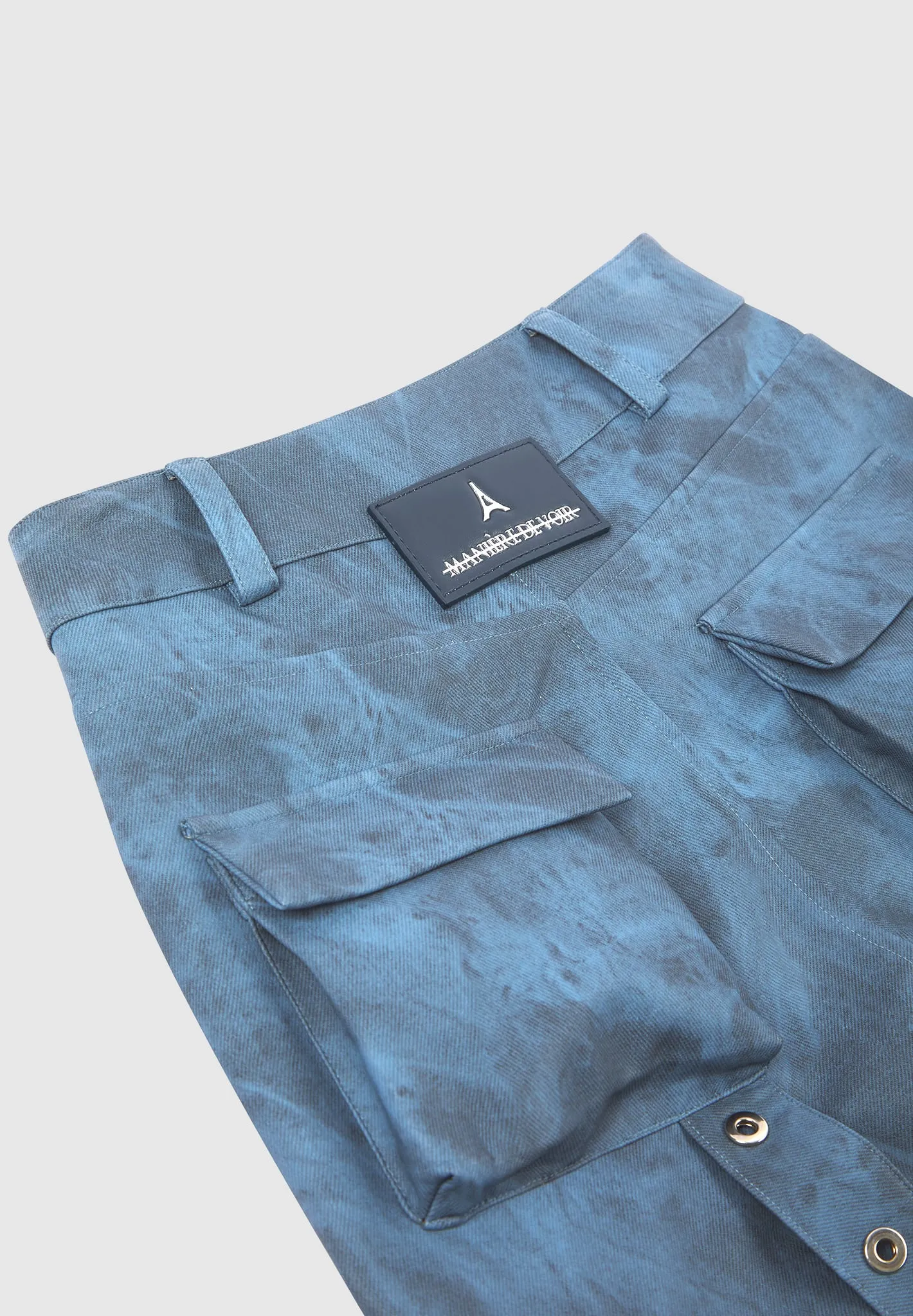 High Waisted Vintage Marble Leather Cargo Pants - Washed Blue