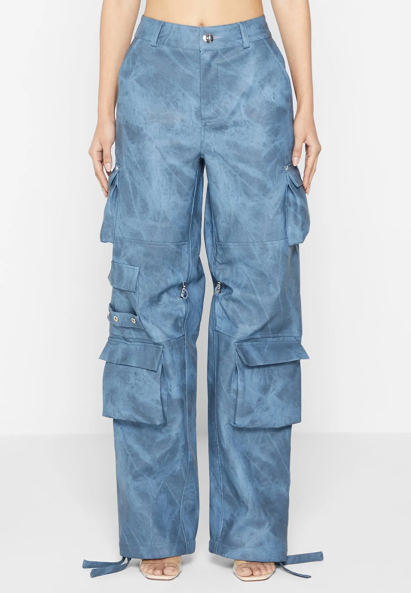 High Waisted Vintage Marble Leather Cargo Pants - Washed Blue