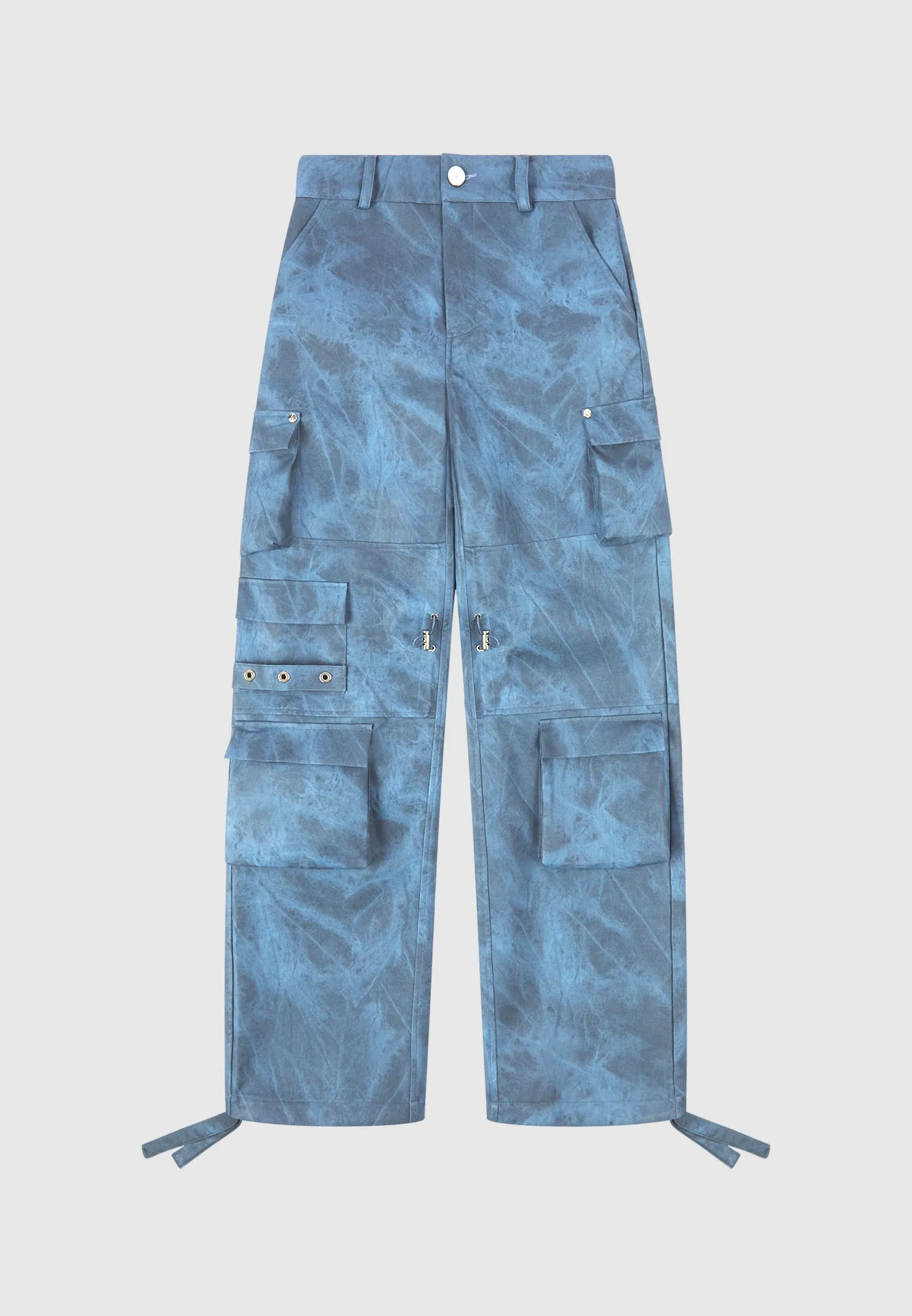 High Waisted Vintage Marble Leather Cargo Pants - Washed Blue