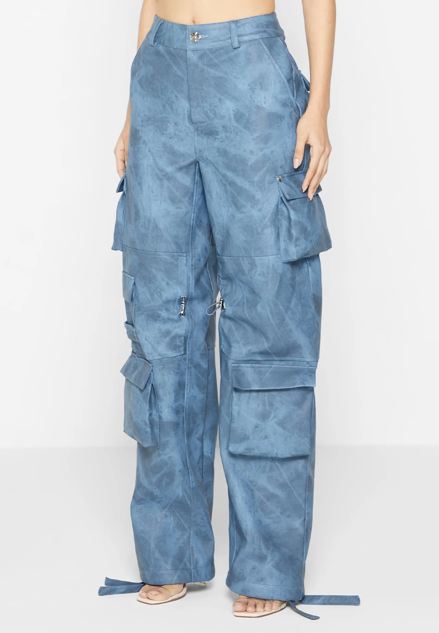 High Waisted Vintage Marble Leather Cargo Pants - Washed Blue