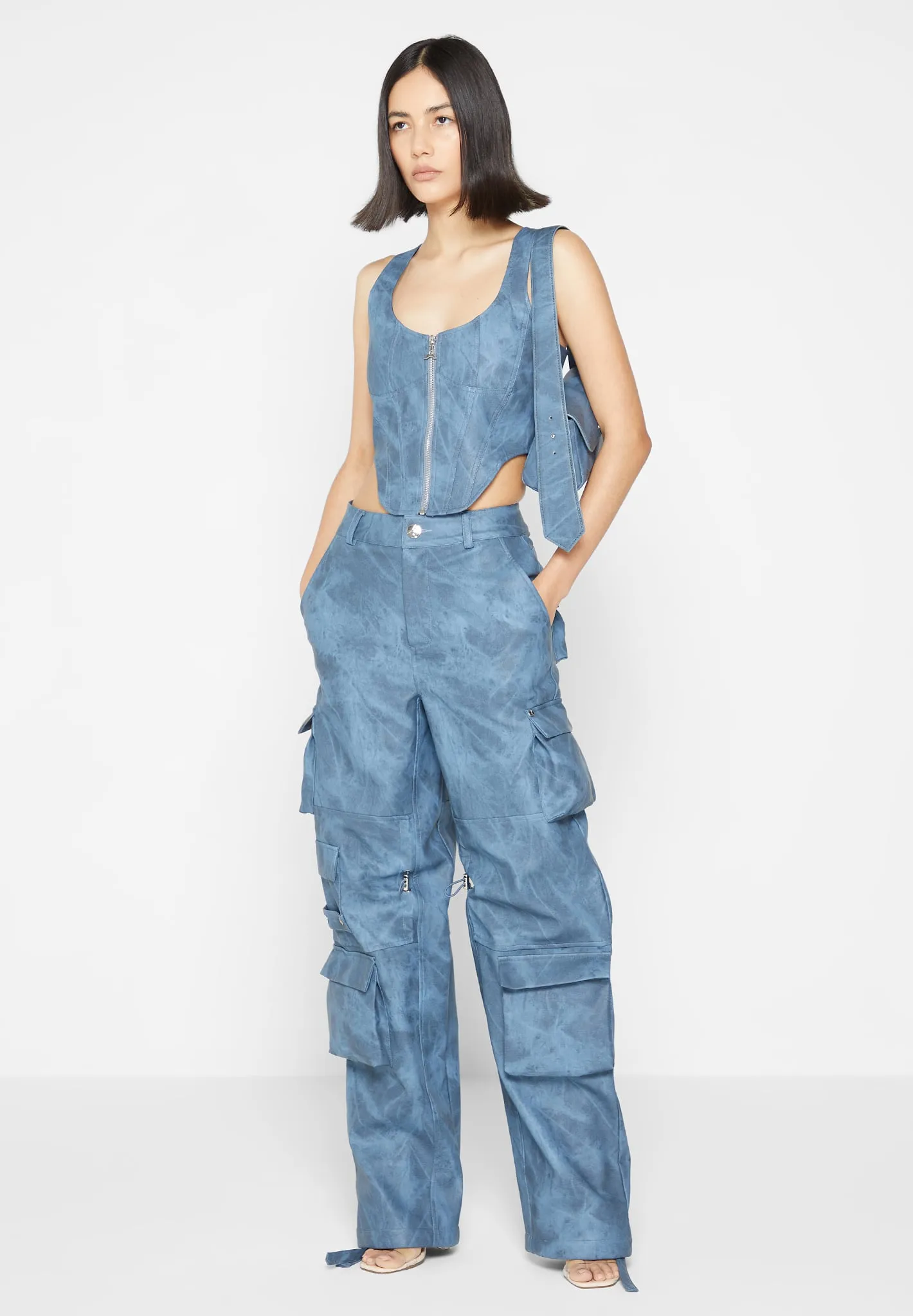 High Waisted Vintage Marble Leather Cargo Pants - Washed Blue