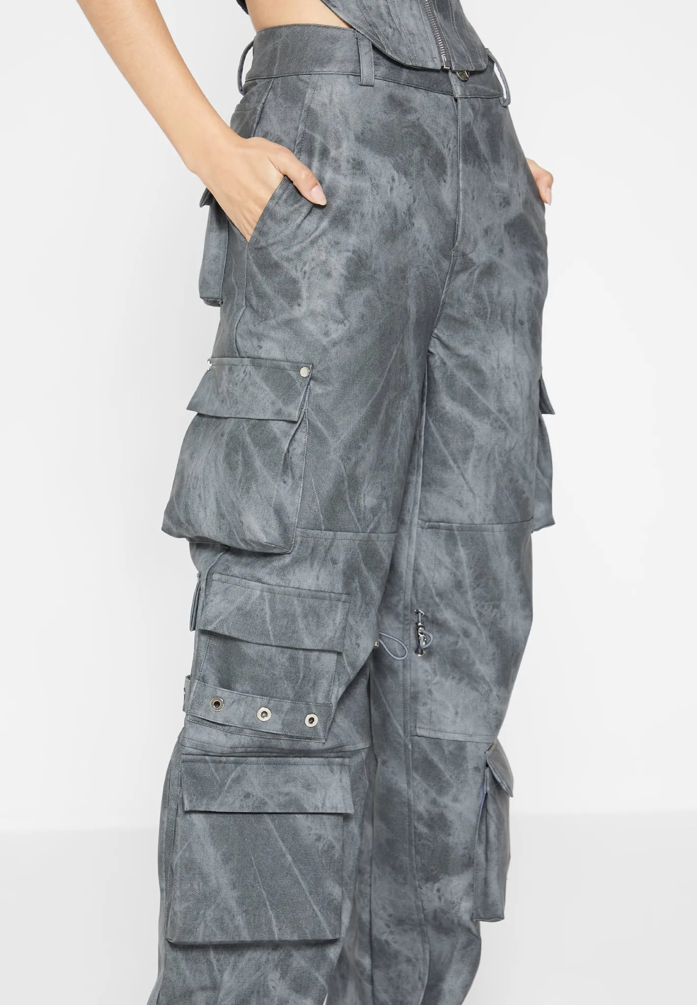 High Waisted Vintage Marble Leather Cargo Pants - Washed Grey