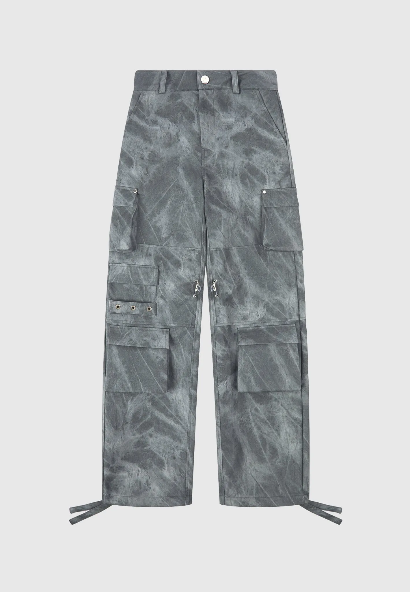 High Waisted Vintage Marble Leather Cargo Pants - Washed Grey