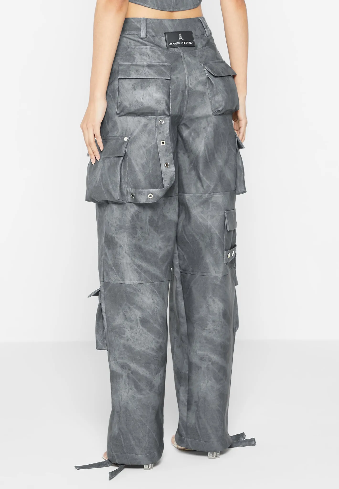 High Waisted Vintage Marble Leather Cargo Pants - Washed Grey