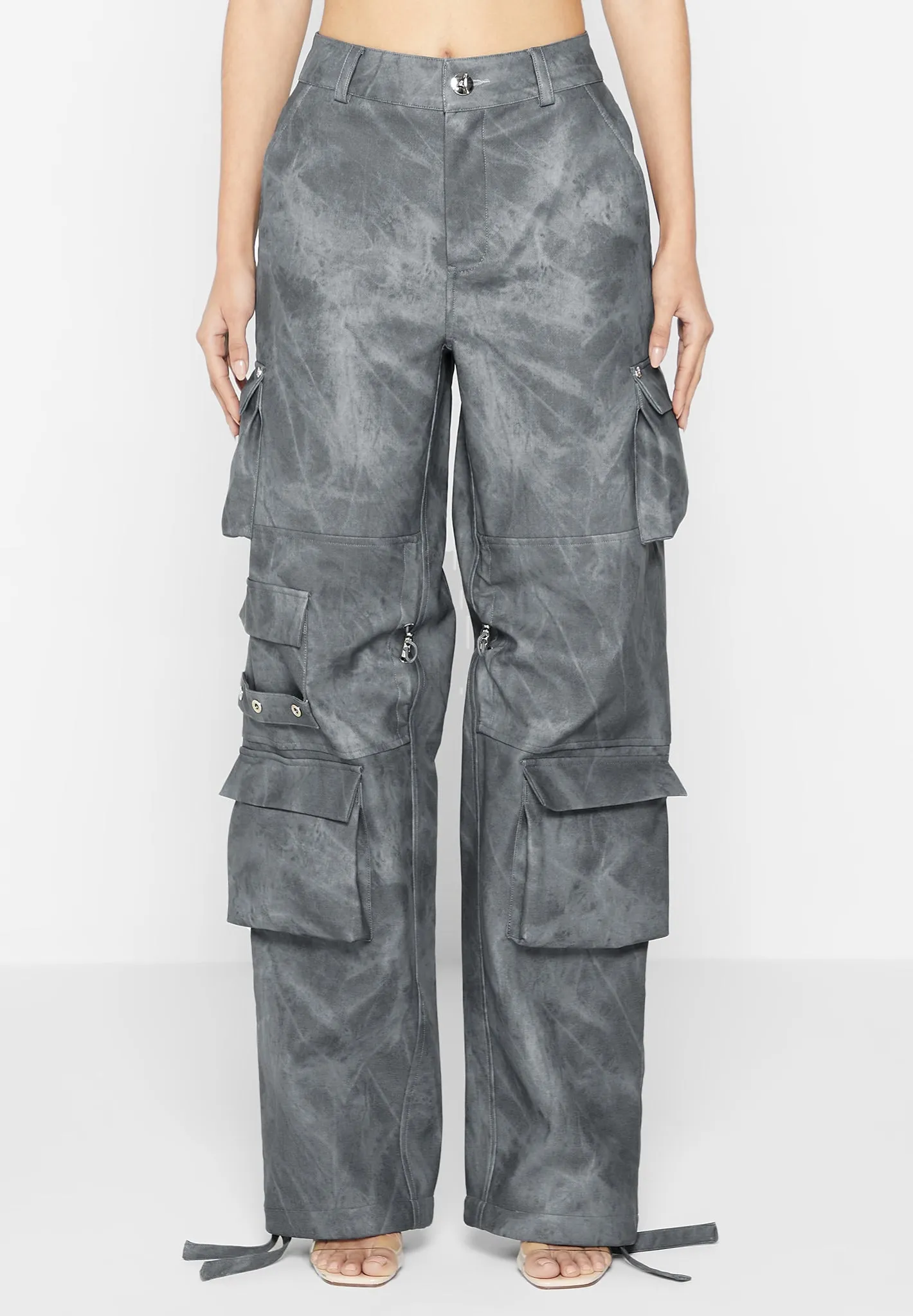 High Waisted Vintage Marble Leather Cargo Pants - Washed Grey