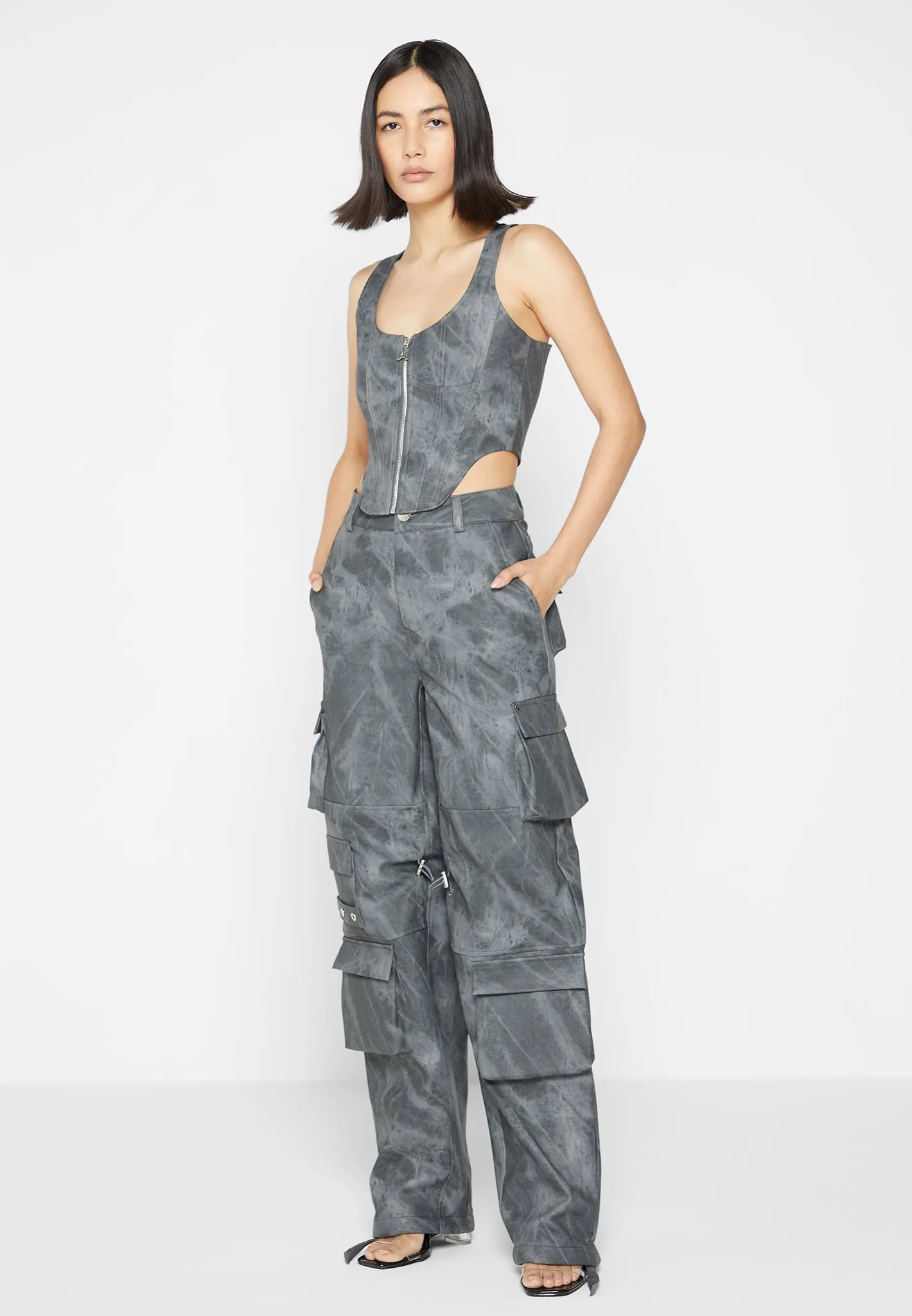 High Waisted Vintage Marble Leather Cargo Pants - Washed Grey