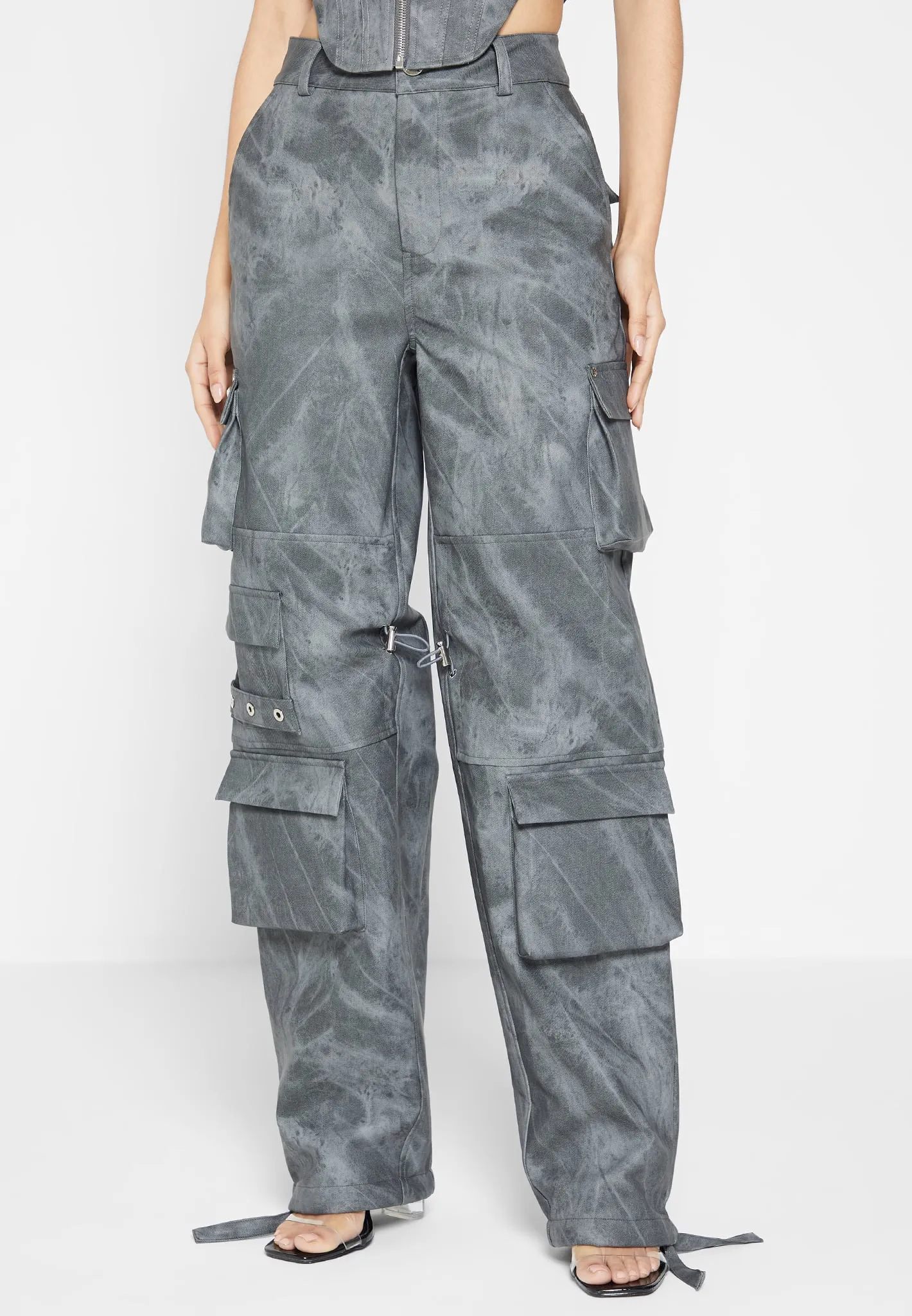 High Waisted Vintage Marble Leather Cargo Pants - Washed Grey