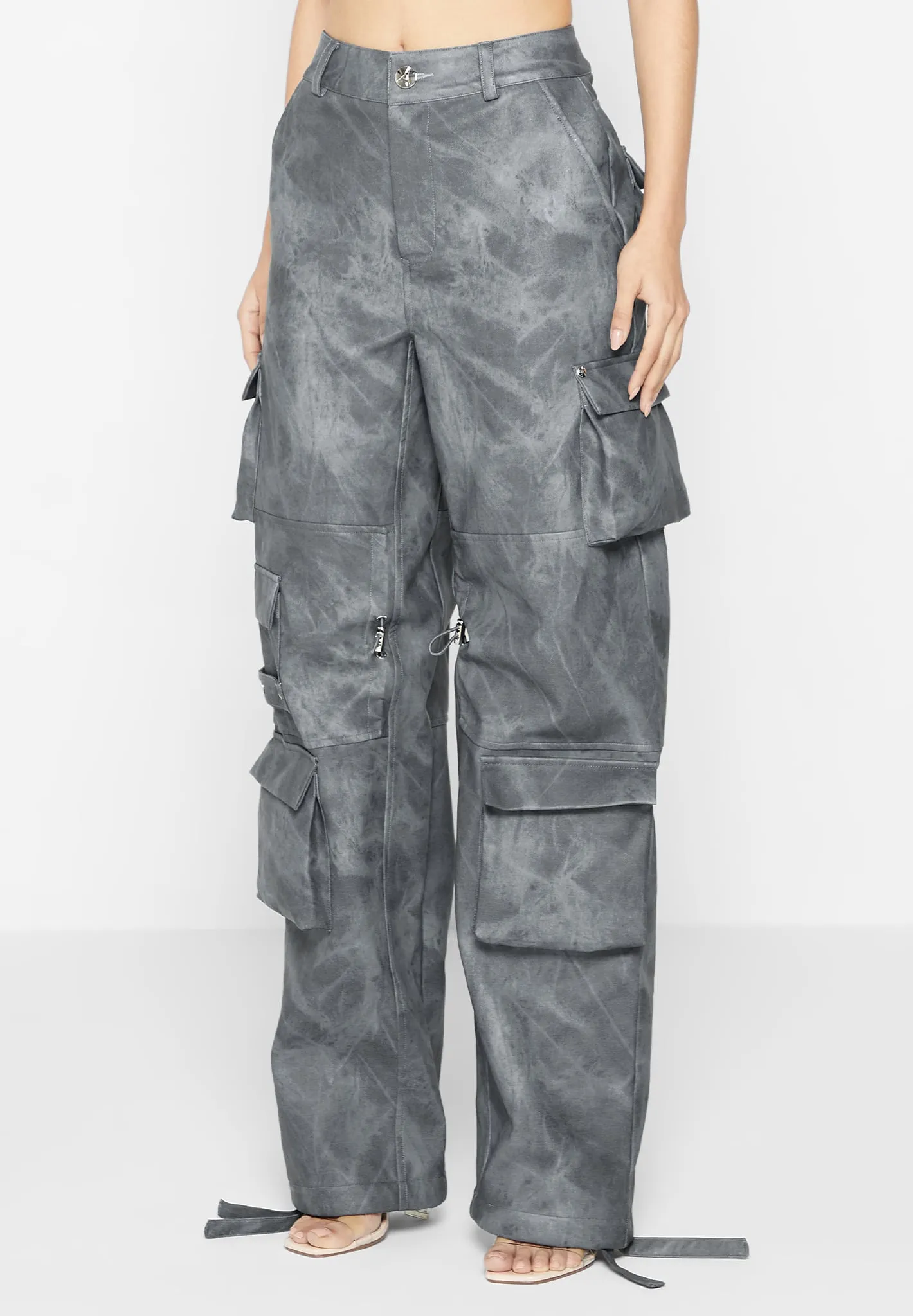 High Waisted Vintage Marble Leather Cargo Pants - Washed Grey