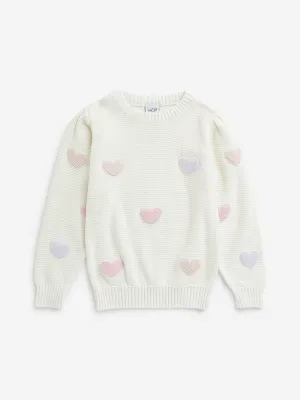 HOP Kids Off-White Heart Embroidered Cotton Sweater