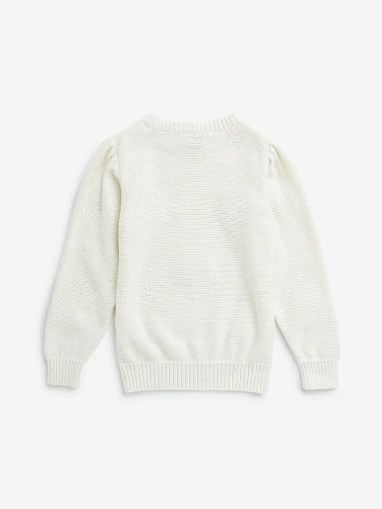 HOP Kids Off-White Heart Embroidered Cotton Sweater