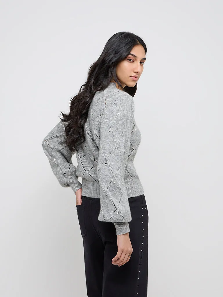 LOV Grey Diamante Embellished Knitted Sweater