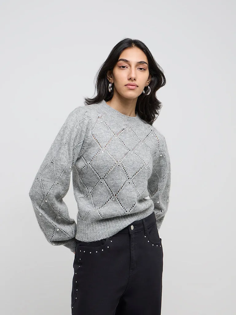 LOV Grey Diamante Embellished Knitted Sweater