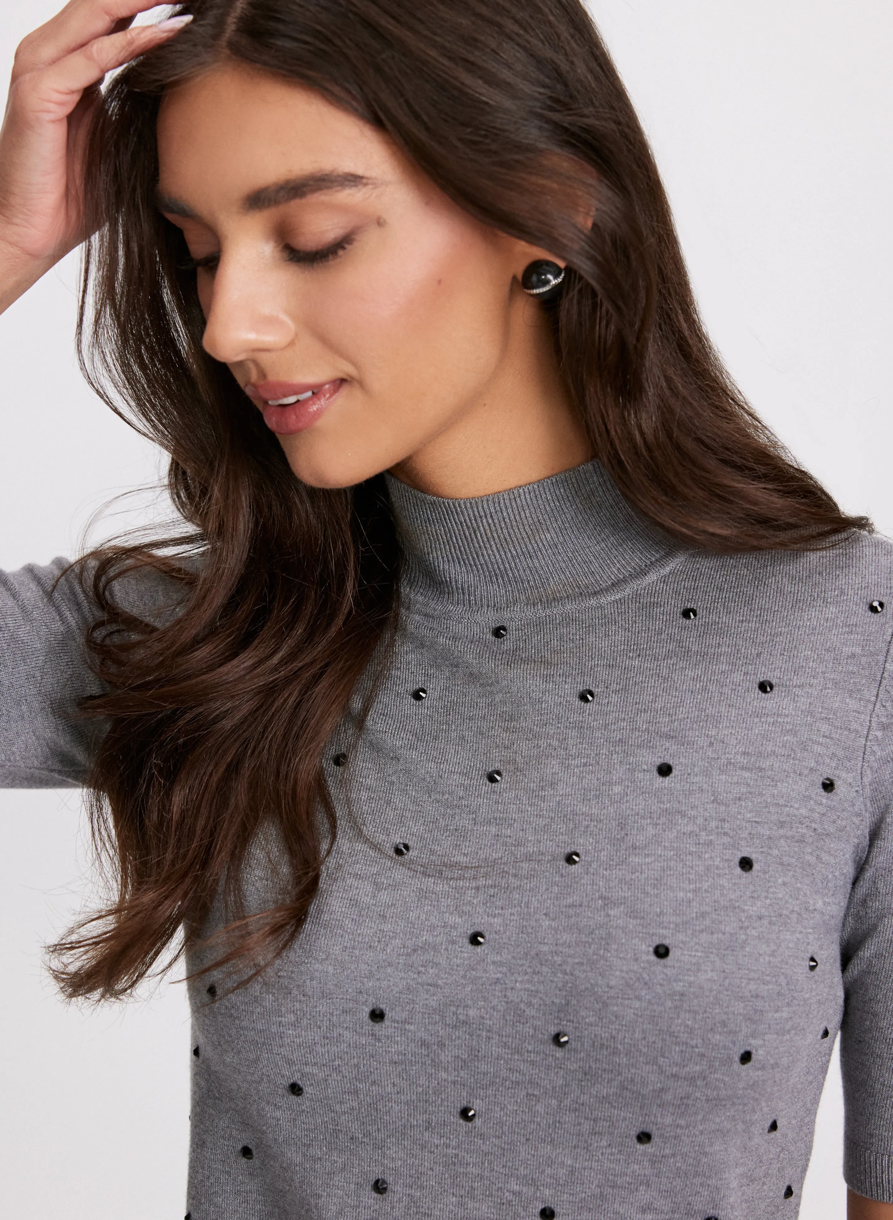 Mock Neck Rhinestone Detail Sweater