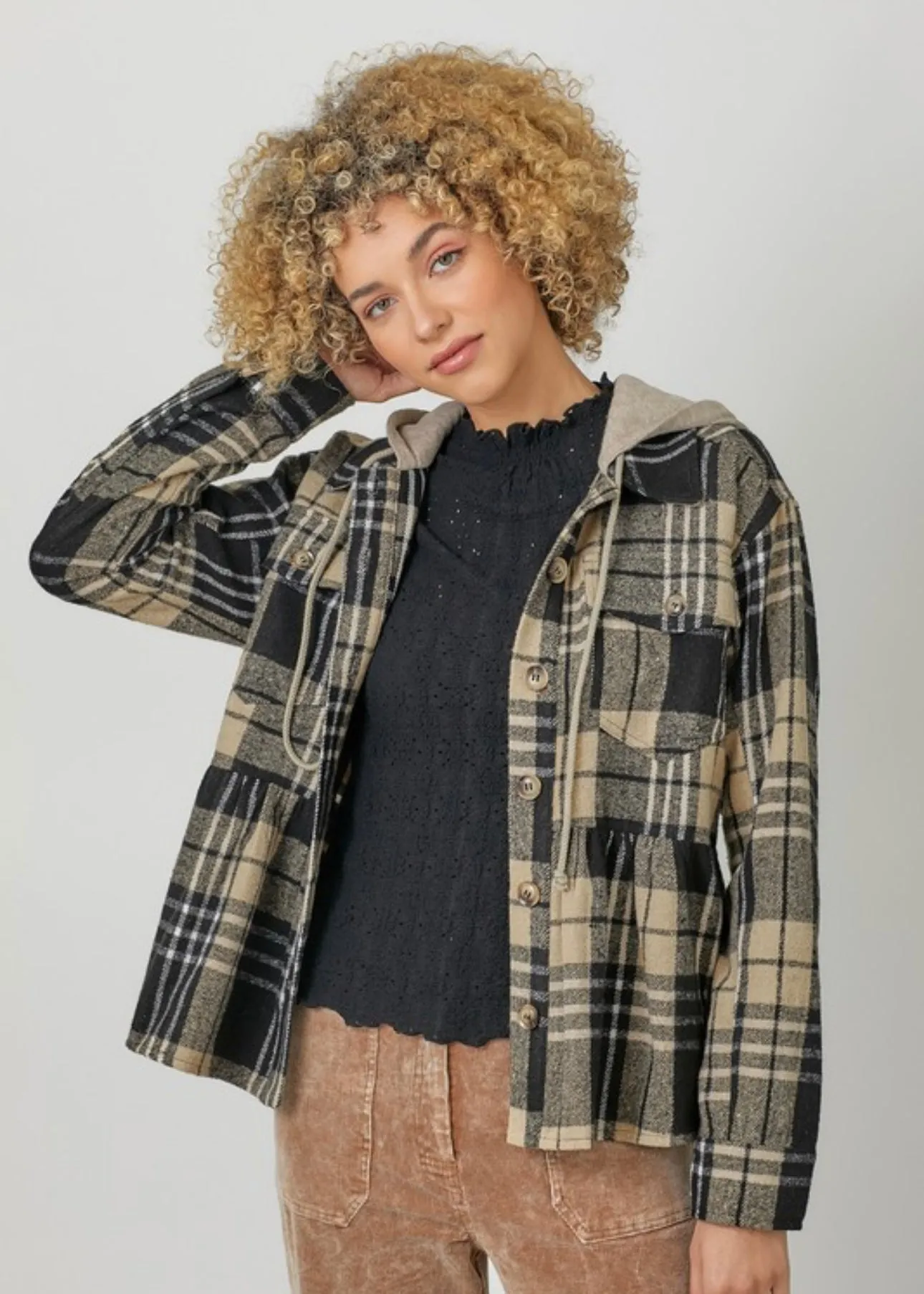 Peplum Plaid Hooded Shacket - FINAL SALE