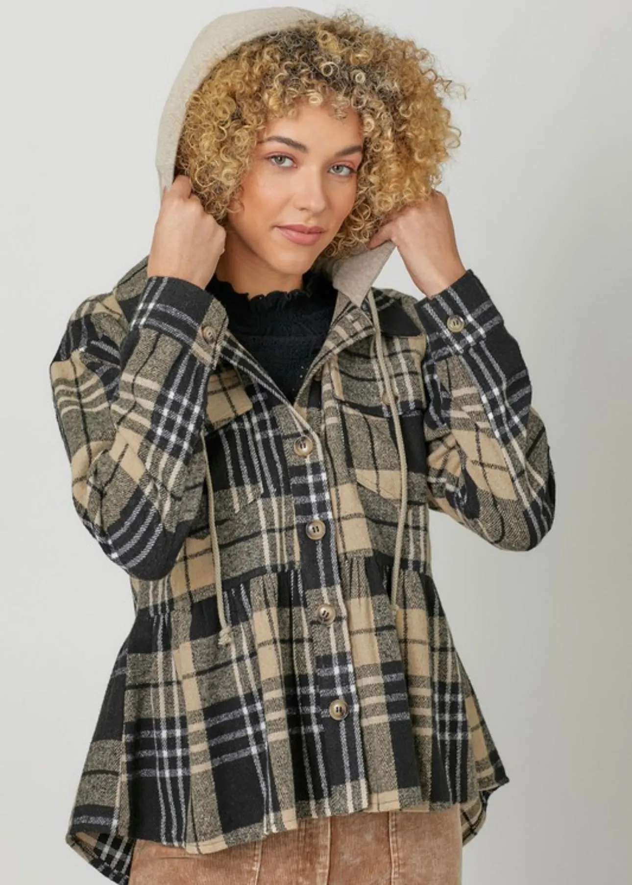 Peplum Plaid Hooded Shacket - FINAL SALE