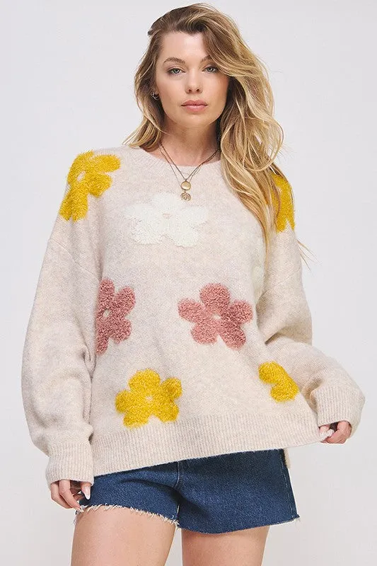 PLUS SIZE OVERSIZED LONG SLEEVE FLORAL KNIT SWEATER  - Online Exclusive