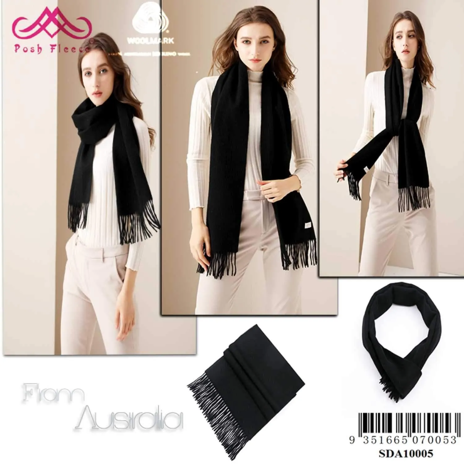 POSH FLEECE Pure Wool Scarf with Fringe Black