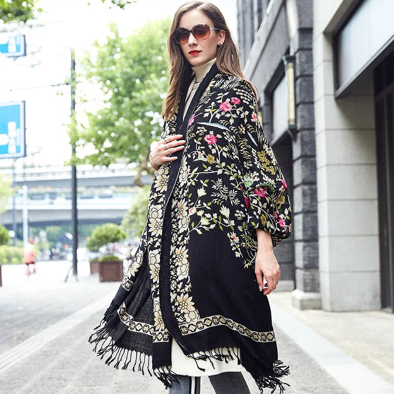 Premium Wool Shawl Ladies Long Cape - Elegant Black Triangle Scarf with Plant and Flower Pattern