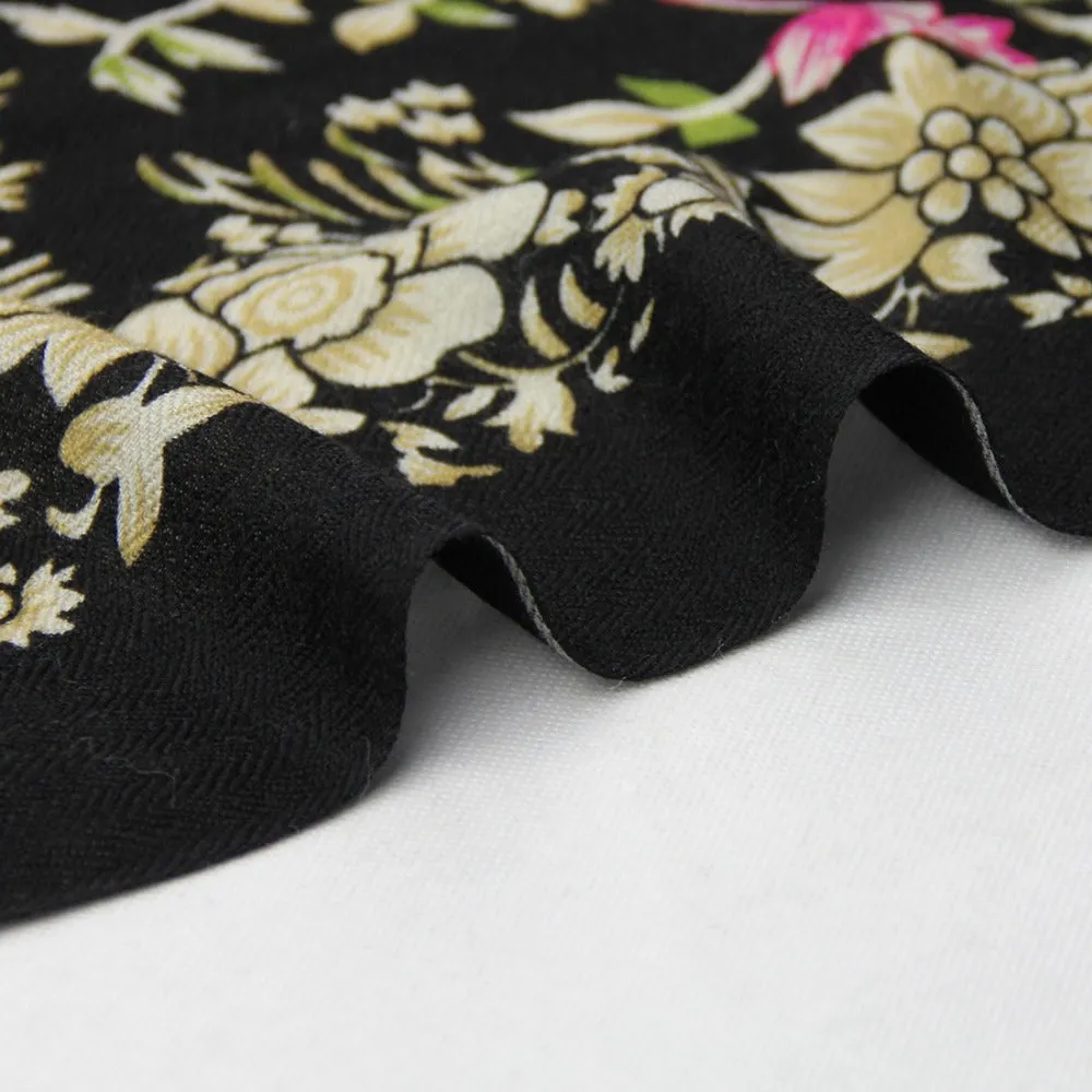 Premium Wool Shawl Ladies Long Cape - Elegant Black Triangle Scarf with Plant and Flower Pattern